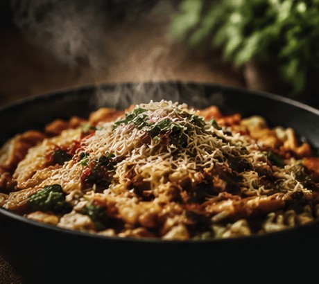 A warm bowl of rice and vegetables, photographed against a dark backdrop